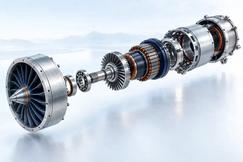 Exploded view of an engineering assembly with navy and orange details